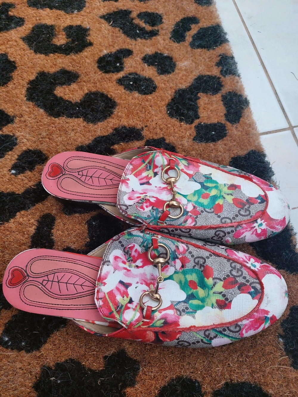 Floral Slip-On Mules with Gold-Tone Bit - Pink Multicolor